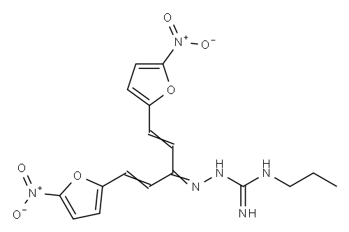 Hydrazinecarboximidamide, 2-3-(5-nitro-2-furanyl)-1-2-(5-nitro-2-furanyl)ethenyl-2-propenylidene-N-propyl- Structure