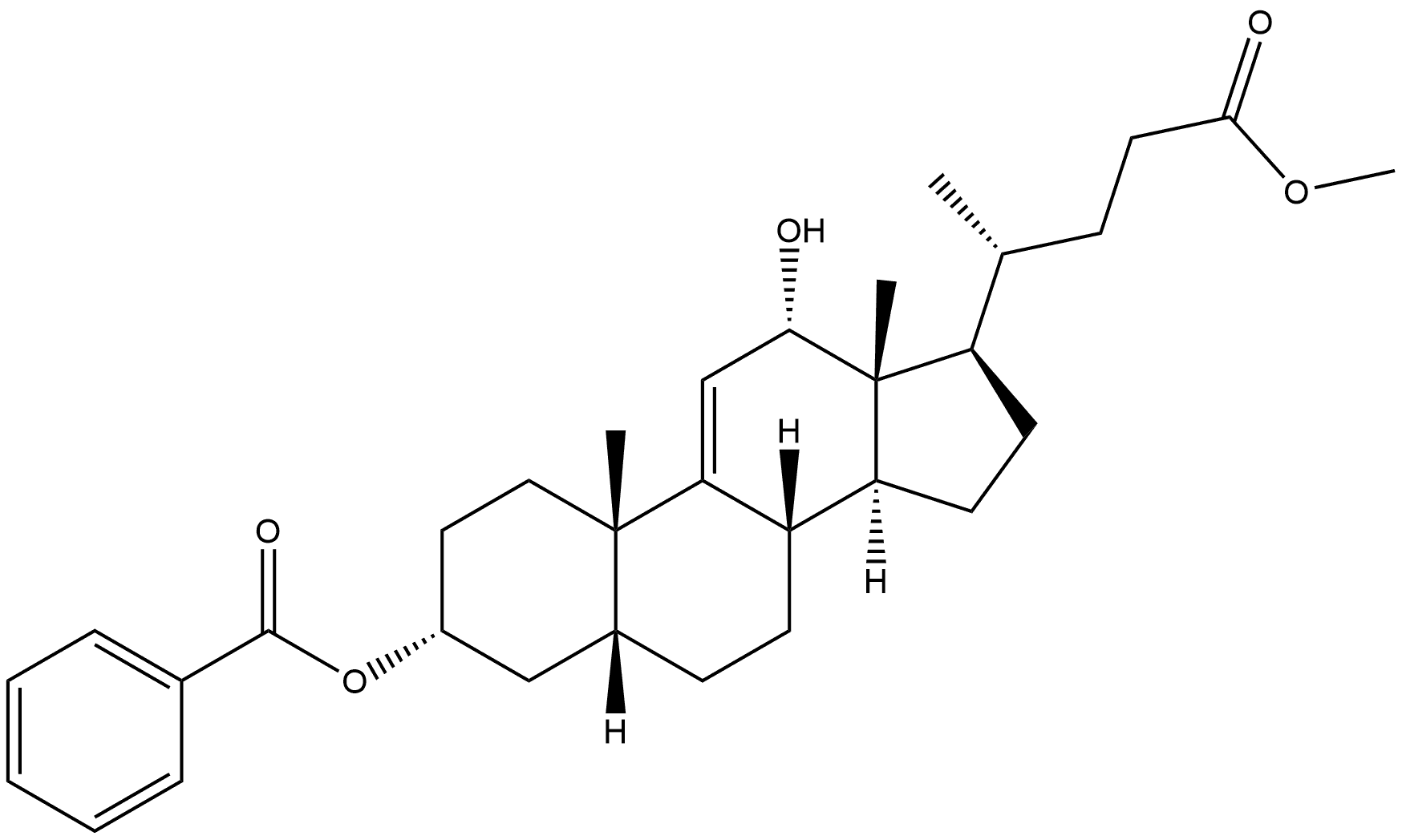 Chol-9(11)-en-24-oic acid, 3-(benzoyloxy)-12-hydroxy-, methyl ester, (3α,5β,12α)- Structure