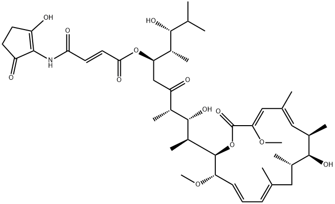 37-De(carboxy)-19,23-O-seco-2-demethyl-19,23-dideoxy-23-hydroxy-37-[[(2-hydroxy-5-oxo-1-cyclopenten-1-yl)amino]carbonyl]-2-methoxy-24-methyl-19-oxohygrolidin Struktur