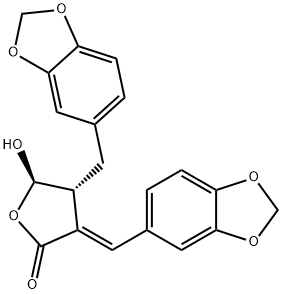 [4R,(+)]-4β-(1,3-Benzodioxol-5-ylmethyl)-3-[(E)-1,3-benzodioxol-5-ylmethylene]dihydro-5α-hydroxy-2(3H)-furanone Structure
