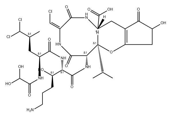 (3R)-5,5-ジクロロ-N1-(ジヒドロキシアセチル)-N2-L-Leu-N2-[[(2S,3S,6Z,9S)-9-カルボキシ-6-(クロロメチレン)-2,3,4,5,6,7,8,9,10,11,12,13-ドデカヒドロ-12-ヒドロキシ-2-(1-メチルエチル)-4,7,11-トリオキソシクロペンタ[k]-1,5,8-オキサジアザシクロドデシン]-3-イル]-3-ヒドロキシ-L-リシンアミド 化学構造式