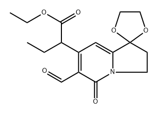 SPIRO[1,3-DIOXOLANE-2,1'(5'H)-INDOLIZINE]-7'-ACETIC ACID, Α-ETHYL-6'-FORMYL-2',3'-DIHYDRO-5'-OXO-, ETHYL ESTER螺[1,3-二氧戊环-2,1'(5'H)-中氮茚]-7'-乙酸,Α-乙基-6'-甲酰基-2',3'-二氢-5'-氧代-, 乙酯,1010803-94-7,结构式