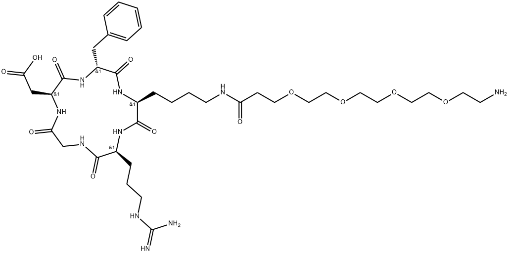 Cyclo[L-arginylglycyl-L-α-aspartyl-D-phenylalanyl-N6-(15-amino-1-oxo-4,7,10,13-tetraoxapentadec-1-yl)-L-lysyl] Structure