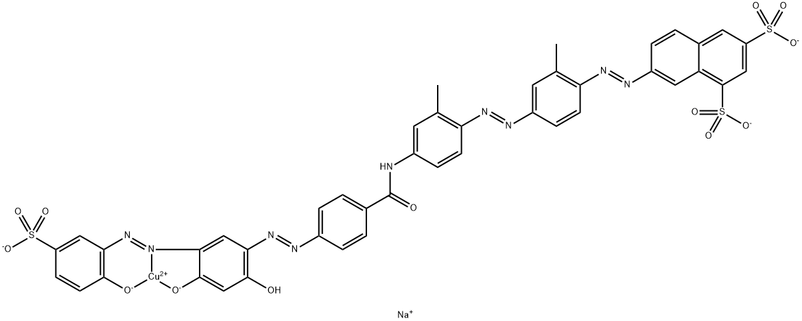 trisodium [7-[[4-[[4-[[4-[[2,4-dihydroxy-5-[(2-hydroxy-5-sulphophenyl)azo]phenyl]azo]benzoyl]amino]-o-tolyl]azo]-o-tolyl]azo]naphthalene-1,3-disulphonato(5-)]cuprate(3-) Structure