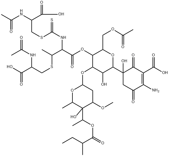 L-Cysteine, N-acetyl-,[2-[[2-(acetylamino)-2-carboxyethyl]thio]-1-carboxypropyl]carbamodithioate(ester), 4'-ester with 5-[6-O-acetyl-3-O-[2,6-dideoxy-3-O-methyl-4-C-[1-(2-methyl-1-oxobutoxy)ethyl]-a-L-lyxo-hexopyranosyl]-b-D-allopyranosyl]-2-amino-5-hydroxy-3,6-dioxo-1-cyclohexene-1-carboxylicacid (9CI) Structure