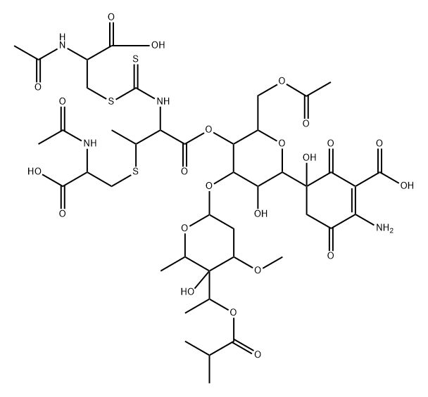 L-Cysteine, N-acetyl-, [2-[[2-(acetylamino)-2-carboxyethyl]thio]-1-carboxypropyl]carbamodithioate (ester), 1′→4′-ester with 5-[6-O-acetyl-3-O-[2,6-dideoxy-3-O-methyl-4-C-[1-(2-methyl-1-oxopropoxy)ethyl]-α-L-lyxo-hexopyranosyl]-β-D-allopyranosyl]-2-amino-5-hydroxy-3,6-dioxo-1-cyclohexene-1-carboxylic acid Struktur