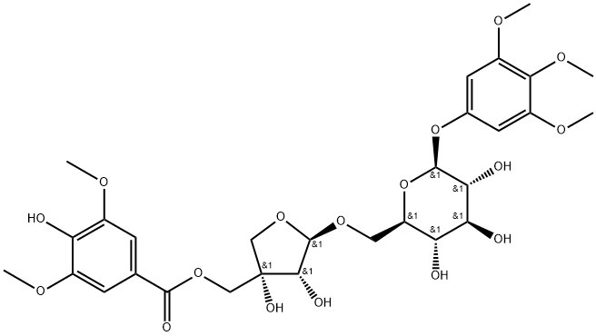 3,4,5-三甲氧基苯基 6-O-[5-O-(4-羟基-3,5-二甲氧基苯甲酰基)-D-芹糖-BETA-D-呋喃糖基]-BETA-D-葡萄糖苷 结构式