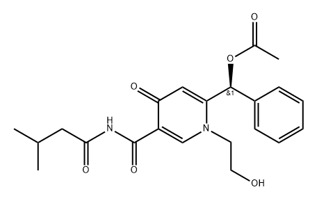 3-Pyridinecarboxamide, 6-[(acetyloxy)phenylmethyl]-1,4-dihydro-1-(2-hydroxyethyl)-N-(3-methyl-1-oxobutyl)-4-oxo-, (+)- Struktur