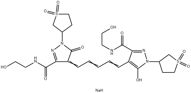 1H-Pyrazole-3-carboxamide, 4-[5-[1,5-dihydro-3-[[(2-hydroxyethyl)amino]carbonyl]-5-oxo-1-(tetrahydro-1,1-dioxido-3-thienyl)-4H-pyrazol-4-ylidene]-1,3-pentadien-1-yl]-5-hydroxy-N-(2-hydroxyethyl)-1-(tetrahydro-1,1-dioxido-3-thienyl)-, sodium salt (1:1) 化学構造式