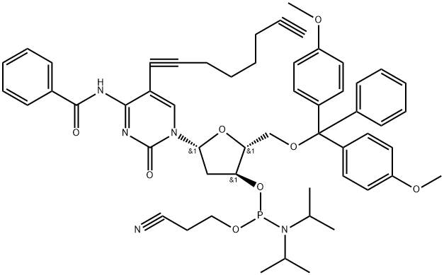 Cytidine, N-benzoyl-5'-O-[bis(4-methoxyphenyl)phenylmethyl]-2'-deoxy-5-(1,7-octadiyn-1-yl)-, 3'-[2-cyanoethyl N,N-bis(1-methylethyl)phosphoramidite] 化学構造式