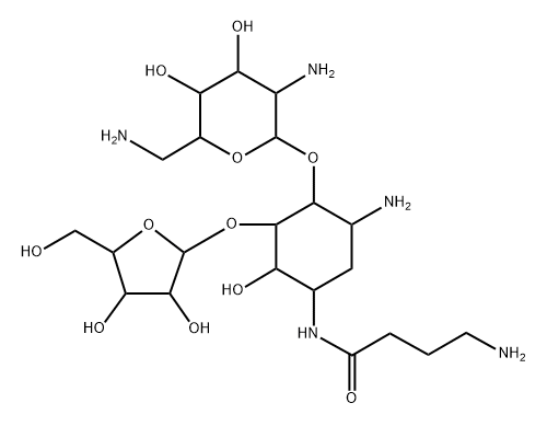 D-Streptamine, O-2,6-diamino-2,6-dideoxy-α-D-glucopyranosyl-(1→4)-O-[β-D-xylofuranosyl-(1→5)]-N1-(4-amino-1-oxobutyl)-2-deoxy- (9CI) Structure