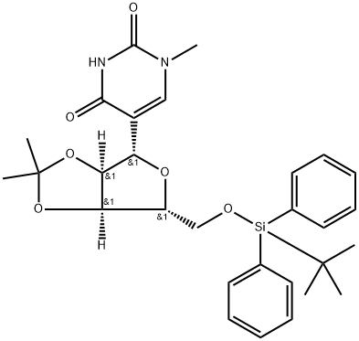 2,4(1H,3H)-Pyrimidinedione, 5-[5-O-[(1,1-dimethylethyl)diphenylsilyl]-2,3-O-(1-methylethylidene)-β-D-ribofuranosyl]-1-methyl- 化学構造式
