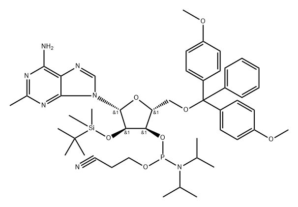 2'-O-tert-Butyldimethylsilyl-5'-O-DMT-C2-methyladenosine 3'-CE phosphoramidite 化学構造式
