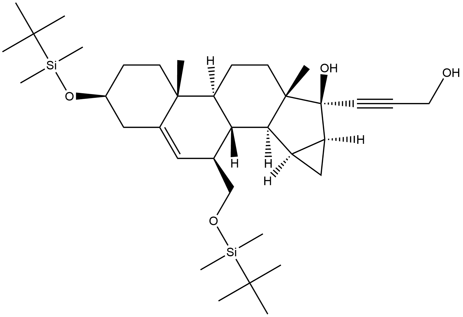 3'H-Cycloprop[15,16]androst-5-en-17-ol, 3-[[(1,1-dimethylethyl)dimethylsilyl]oxy]-7-[[[(1,1-dimethylethyl)dimethylsilyl]oxy]methyl]-15,16-dihydro-17-(3-hydroxy-1-propyn-1-yl)-, (3β,7β,15α,16α,17β)- 结构式
