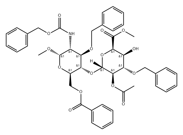α-D-Glucopyranoside, methyl 4-O-[2-O-acetyl-6-methyl-3-O-(phenylmethyl)-α-L-idopyranuronosyl]-2-deoxy-2-[[(phenylmethoxy)carbonyl]amino]-3-O-(phenylmethyl)-, 6-benzoate Struktur