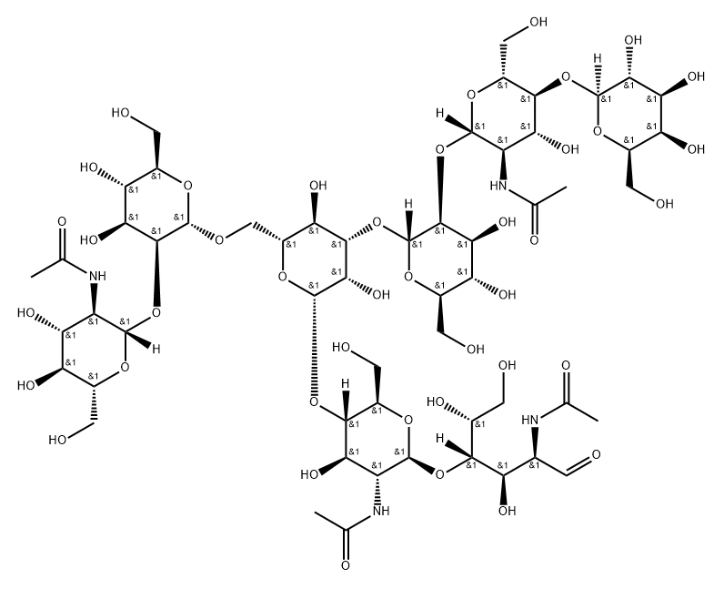 O-2-(Acetylamino)-2-deoxy-beta-D-glucopyranosyl-(1-2)-O-alpha-D-mannopyranosyl-(1-6)-O-[O-beta-D-galactopyranosyl-(1-4)-O-2-(acetylamino)-2-deoxy-beta-D-glucopyranosyl-(1-2)-alpha-D-mannopyranosyl-(1-3)]-O-beta-D-mannopyranosyl-(1-4)-O-2-(acetylamino)-2-deoxy-beta-D-glucopyranosyl-(1-4)-2-(acetylamino)-2-deoxy-D-glucose Struktur