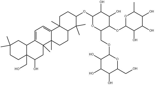[16β,28-ジヒドロキシ-9,11,12,13-テトラデヒドロオレアナン-3β-イル]4-O-(6-デオキシ-α-L-マンノピラノシル)-6-O-(β-D-グルコピラノシル)-β-D-グルコピラノシド 化学構造式