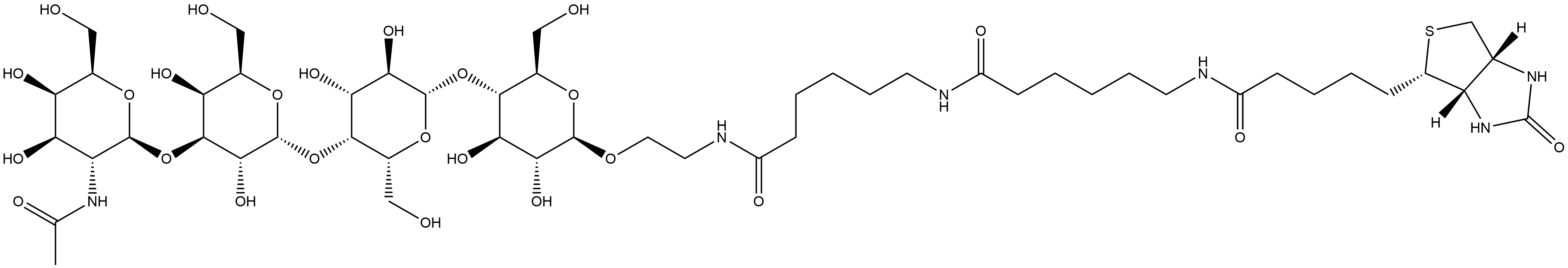 (3aS,4S,6aR)-N-[6-[[6-[[2-[[O-2-(Acetylamino)-2-deoxy-β-D-galactopyranosyl-(1→3)-O-α-D-galactopyranosyl-(1→4)-O-β-D-galactopyranosyl-(1→4)-β-D-glucopyranosyl]oxy]ethyl]amino]-6-oxohexyl]amino]-6-oxohexyl]hexahydro-2-oxo-1H-thieno[3,4-d]imidazole-4-pentanamide 结构式
