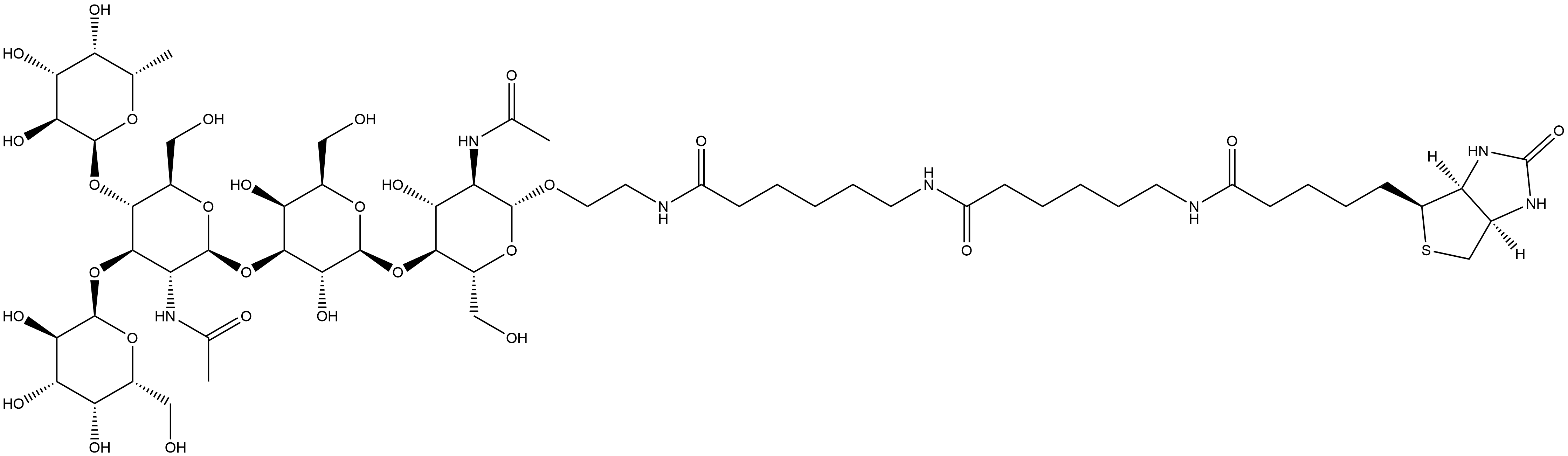 (3aS,4S,6aR)-N-[6-[[6-[[2-[[O-6-Deoxy-α-L-galactopyranosyl-(1→4)-O-[α-D-galactopyranosyl-(1→3)]-O-2-(acetylamino)-2-deoxy-β-D-glucopyranosyl-(1→3)-O-β-D-galactopyranosyl-(1→4)-2-(acetylamino)-2-deoxy-β-D-glucopyranosyl]oxy]ethyl]amino]-6-oxohexyl]amino]-6-oxohexyl]hexahydro-2-oxo-1H-thieno[3,4-d]imidazole-4-pentanamide,1038746-37-0,结构式