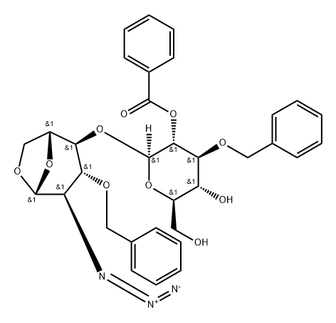 β-D-Glucopyranose, 1,6-anhydro-2-azido-4-O-[2-O-benzoyl-3-O-(phenylmethyl)-β-D-glucopyranosyl]-2-deoxy-3-O-(phenylmethyl)- 结构式