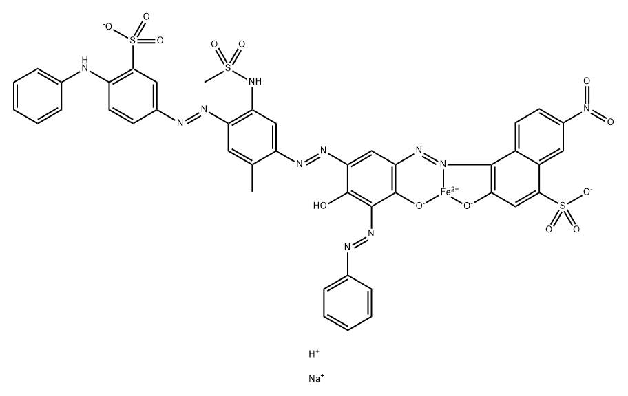 Ferrate(2-), 3-(hydroxy-.kappa.O)-4-2-(hydroxy-.kappa.O)-4-hydroxy-5-2-methyl-5-(methylsulfonyl)amino-4-4-(phenylamino)-3-sulfophenylazophenylazo-3-(phenylazo)phenylazo-.kappa.N1-7-nitro-1-naphthalenesulfonato(4-)-, sodium hydrogen Struktur