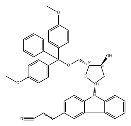 3-Cyanovinyl-9-(5'-O-(4,4'-dimethoxytrityl)-2'-deoxyribofuranosyl)carbazole Struktur