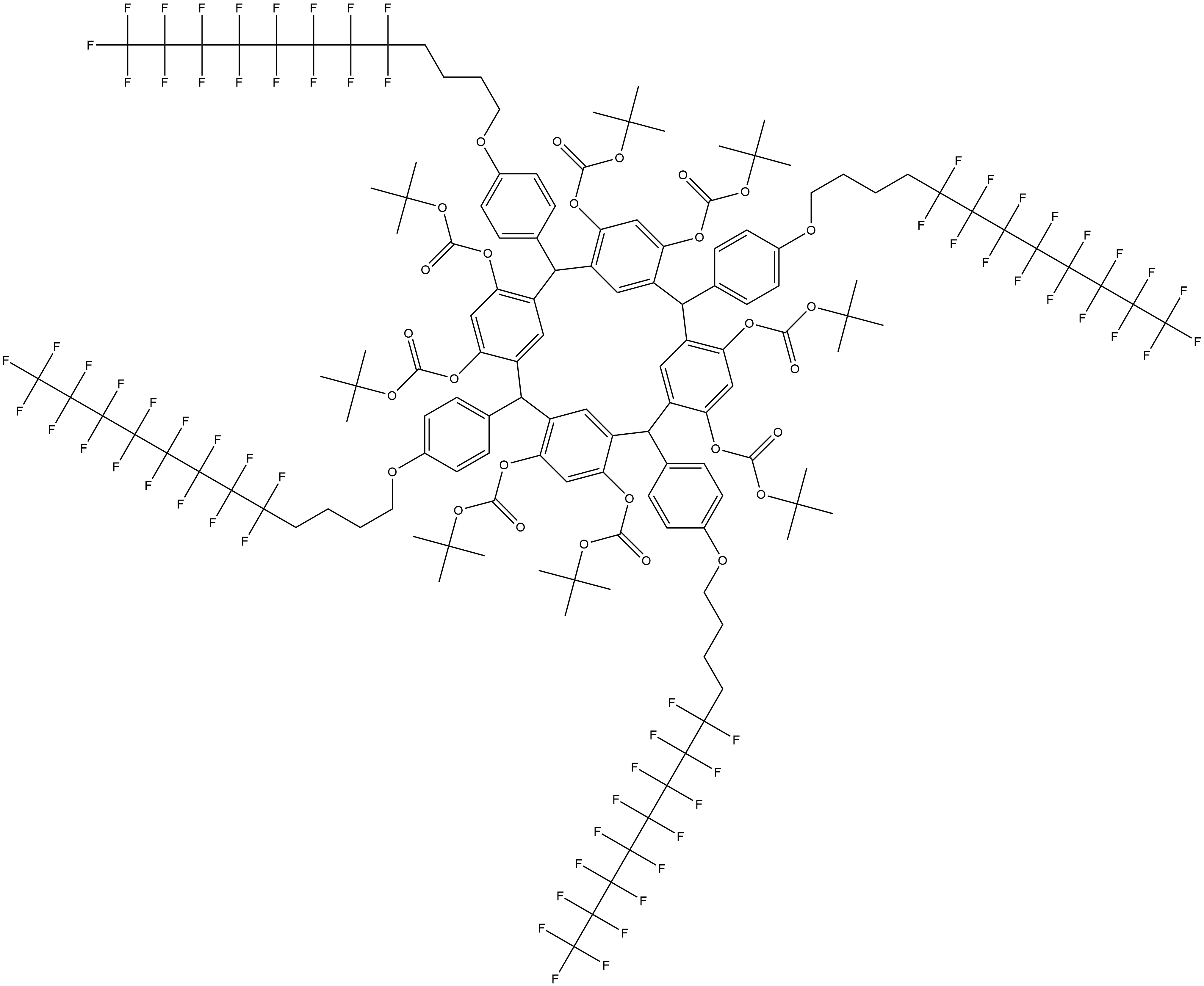 6,10,12,16,18,22,24-Heptakis(tert-butoxycarbonyloxy)-2,8,14,20-tetrakis[4-(5,5,6,6,7,7,8,8,9,9,10,10,11,11,12,12,12-heptadecafluorododecyloxy)phenyl]pentacyclo[19.3.1.1<3,7>.1<9,13>.1<15,19>]octacosa-1(25),3,5,7(26),9,11,13(27),15,17,19(28),21,23-dodecaen-4-yl (tert-butoxy)formate Struktur
