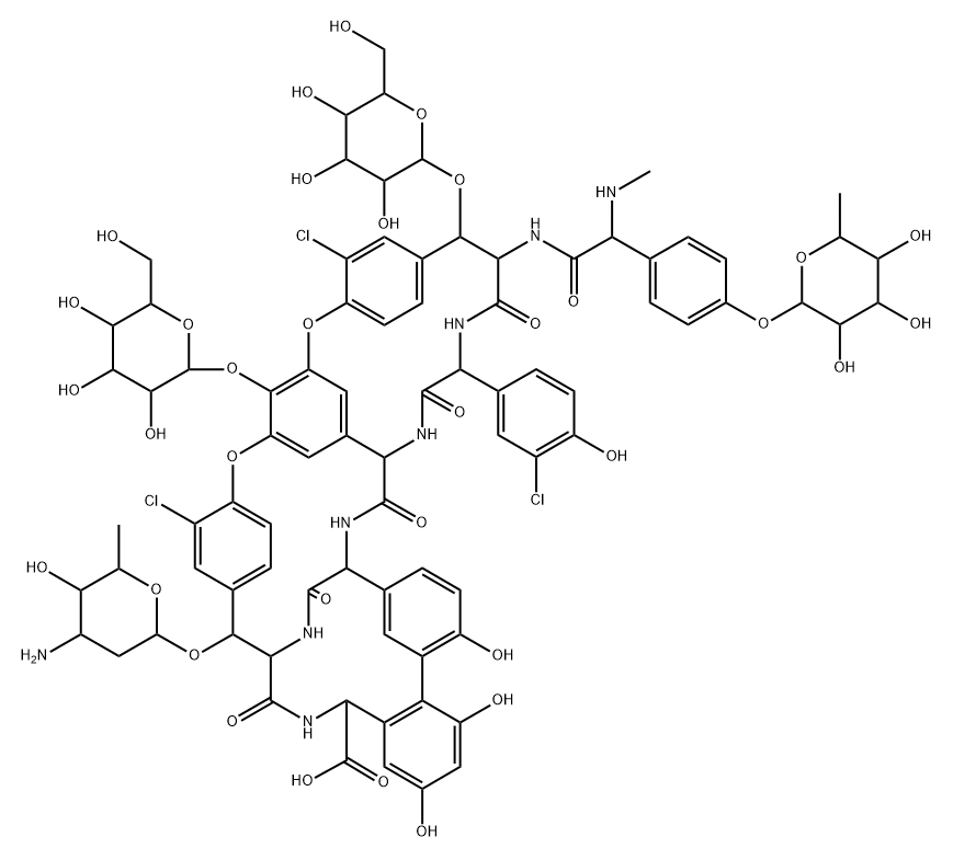 10,49-ジクロロ-2'''-O-デ(3-アミノ-2,3,6-トリデオキシ-α-L-ribo-ヘキソピラノシル)アボパルシンα 化学構造式
