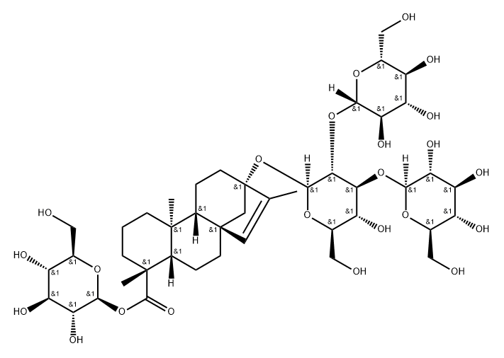 (4ALPHA)-13-[(O-BETA-D-吡喃葡萄糖基-(1-2)-O-[BETA-D-吡喃葡萄糖基-(1-3)]-BETA-D-吡喃葡萄糖基)氧基]-贝壳杉-15-烯-18-酸 BETA-D-吡喃葡萄糖基酯,1058600-85-3,结构式