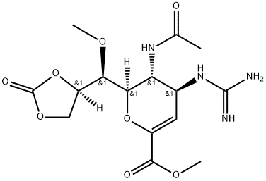 D-glycero-D-galacto-Non-2-enonic acid, 5-(acetylamino)-4-[(aminoiminomethyl)amino]-2,6-anhydro-3,4,5-trideoxy-7-O-methyl-, methyl ester, cyclic 8,9-carbonate Struktur