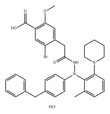 Benzeneacetic acid, 2-bromo-4-carboxy-5-methoxy-, 1-[2-[2-methyl-6-(1-piperidinyl)phenyl]-2-[4-(phenylmethyl)phenyl]hydrazide], hydrochloride (1:1) Structure