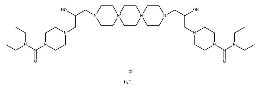 4-[3-[12-[3-[4-(diethylcarbamoyl)piperazin-1-yl]-2-hydroxypropyl]-3,12-diaza-6,9-diazoniadispiro[5.2.5^{9}.2^{6}]hexadecan-3-yl]-2-hydroxypropyl]-N,N-diethylpiperazine-1-carboxamide dichloride tetrahydrate Struktur