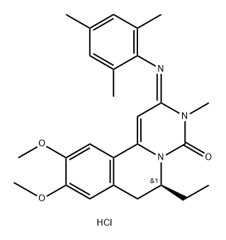 4H-Pyrimido[6,1-a]isoquinolin-4-one, 6-ethyl-2,3,6,7-tetrahydro-9,10-dimethoxy-3-methyl-2-[(2,4,6-trimethylphenyl)imino]-, monohydrochloride, (S)- (9CI) Structure