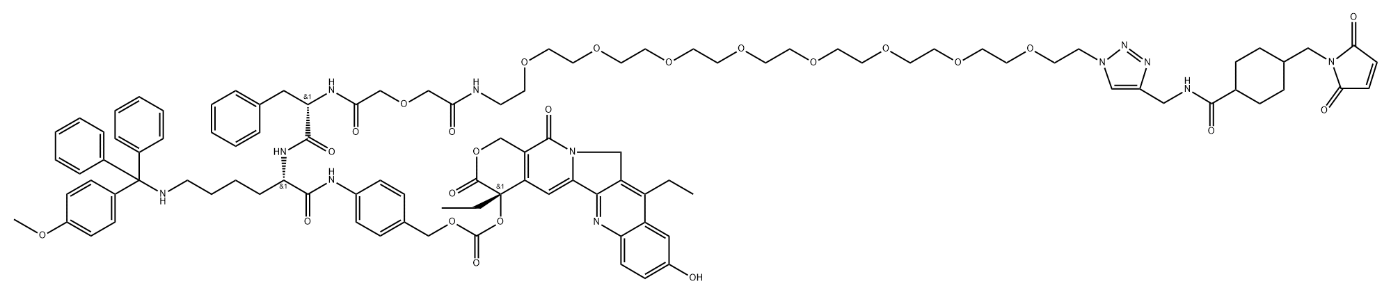 L-Lysinamide, N-[32-[4-[[[[4-[(2,5-dihydro-2,5-dioxo-1H-pyrrol-1-yl)methyl]cyclohexyl]carbonyl]amino]methyl]-1H-1,2,3-triazol-1-yl]-1,5-dioxo-3,9,12,15,18,21,24,27,30-nonaoxa-6-azadotriacont-1-yl]-L-phenylalanyl-N-[4-[[[[[(4S)-4,11-diethyl-3,4,12,14-tetrahydro-9-hydroxy-3,14-dioxo-1H-pyrano[3′,4′:6,7]indolizino[1,2-b]quinolin-4-yl]oxy]carbonyl]oxy]methyl]phenyl]-N6-[(4-methoxyphenyl)diphenylmethyl]-,1084888-82-3,结构式