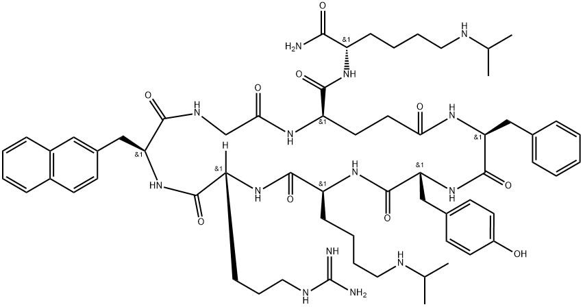 2-{[(8S,11R,14S)-2-ベンジル-11-{3-[(ジアミノメチリデン)アミノ]プロピル}-5-[(4-ヒドロキシフェニル)メチル]-8-[4-(イソプロピルアミノ)ブチル]-14-(ナフタレン-2-イルメチル)-3,6,9,12,15,18,23-ヘプタオキソ-1,4,7,10,13,16,19-ヘプタアザシクロトリコサン-20-イル]ホルムアミド}-6-(イソプロピルアミノ)ヘキサンアミド 化学構造式