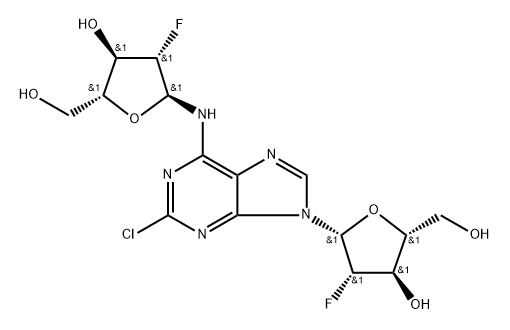 (3R,4R,5S,6S)-6-((2-chloro-9-((2R,3S,4R,5R)-3-fluoro-4-hydroxy-5-(hydroxymethyl)tetrahydrofuran-2-yl)-9H-purin-6-yl)amino)-5-fluorotetrahydro-2H-pyran-3,4-diol Struktur