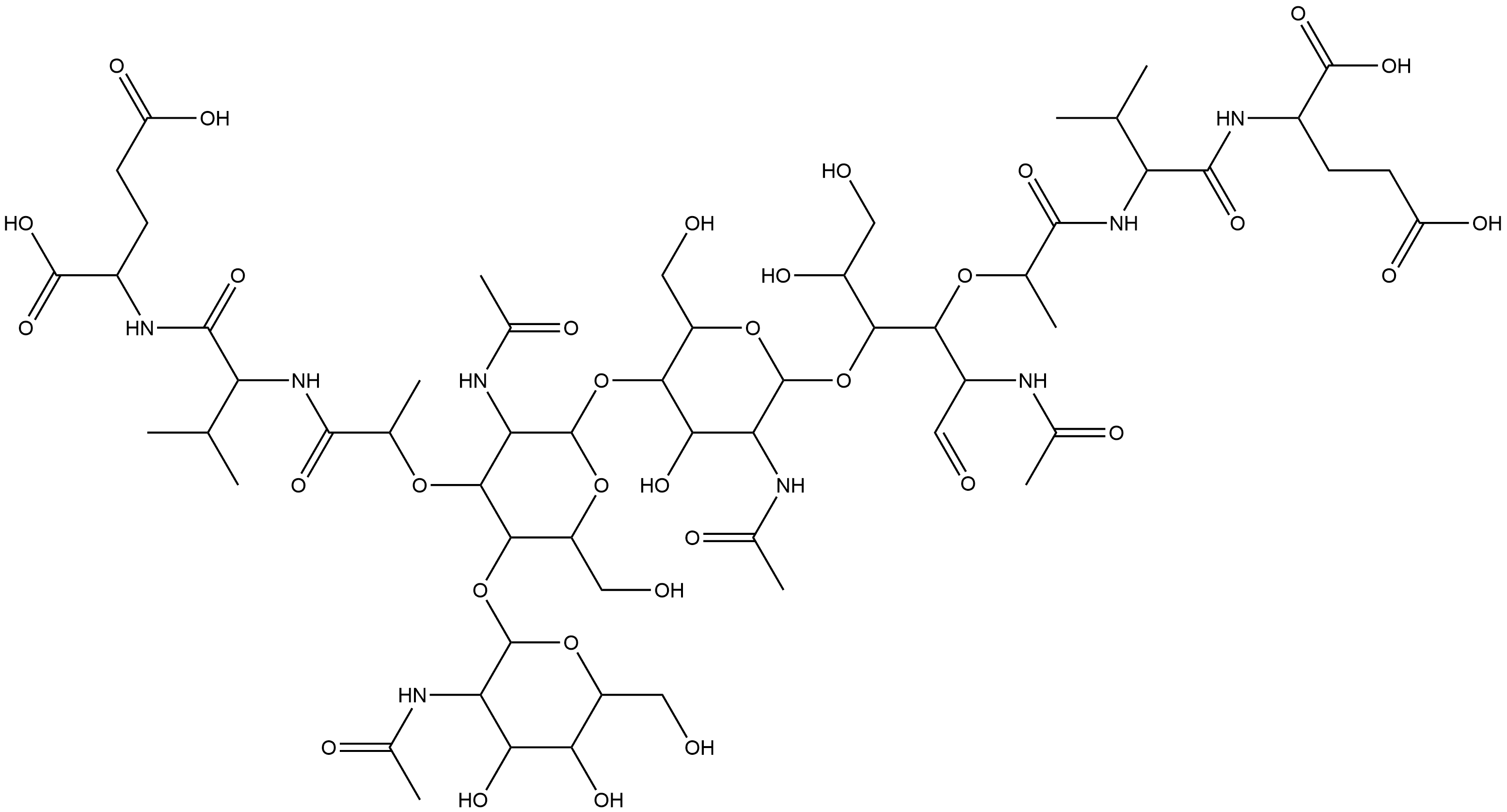 S-(R*,S*)]-N-[N-[O-2-(acetylamino)-2-deoxy-β-D-glucopyranosyl-(1→4)-O-[N2-acetyl-N8-[1-[[(1,3-dicarboxypropyl)amino]carbonyl]-2-methylpropyl]-β-muramamidosyl]-(1→4)-O-2-(acetylamino)-2-deoxy-β-D-glucopyranosyl-(1→4)-N-acetylmuramoyl]-L-valyl]-D-Glutamic acid Structure