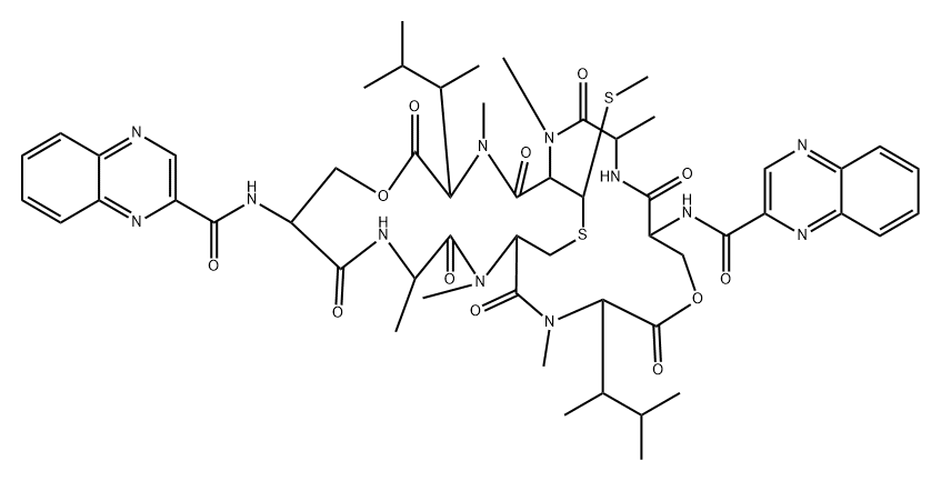 L-Alloisoleucine, N-(2-quinoxalinylcarbonyl)-O-[N-(2-quinoxalinylcarbonyl)-D-seryl-L-alanyl-3-mercapto-N,S-dimethylcysteinyl-N,4-dimethyl-L-alloisoleucyl]-D-seryl-L-alanyl-N-methylcysteinyl-N,4-dimethyl-, (8→1)-lactone, cyclic (3→7)-thioether Structure
