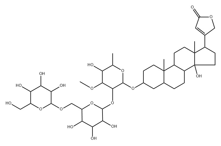 3β-[[2-O-(6-O-β-D-グルコピラノシル-β-D-グルコピラノシル)-6-デオキシ-3-O-メチル-α-L-グルコピラノシル]オキシ]-14-ヒドロキシ-5β,14β-カルダ-20(22)-エノリド 化学構造式