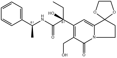 (S)-α-ethyl-α-hydroxy-1,1-(ethylenedioxy)-6-hydroxymethyl-5-oxo-1,2,3,5-tetrahydroindolizine-7-[N-(1S)-1-phenylethyl]acetamide Structure