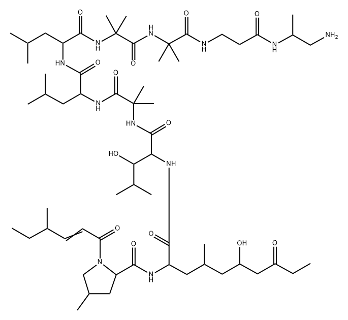 1-[(2E,4S)-4-メチル-2-ヘキセノイル]-4α-メチル-L-Pro-[(2S,4S,6S)-2-アミノ*-6-ヒドロキシ-4-メチル-8-オキソデカノイル]-4,4-ジメチル-L-Thr-2-メチルAla-L-Leu-L-Leu-2-メチルAla-2-メチルAla-βAla-[(S)-2-アミノ-1-メチルエチル]NH2 化学構造式
