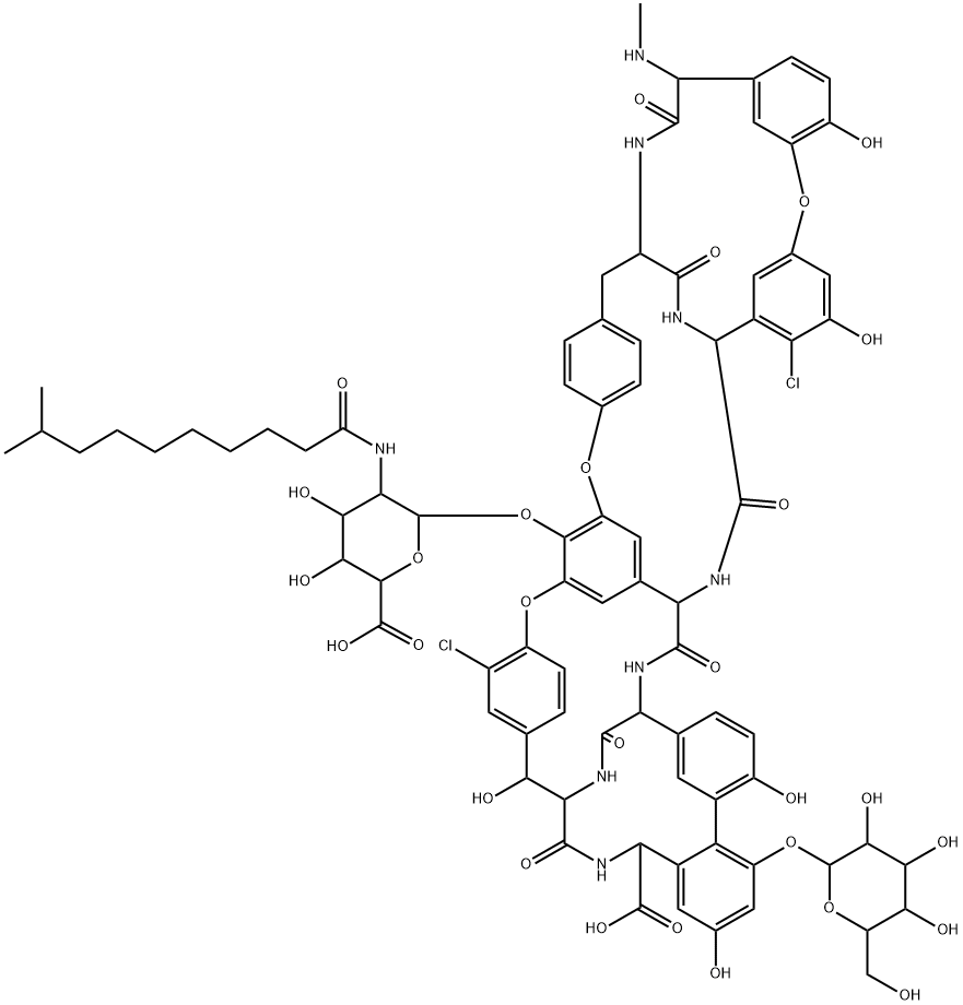 Ristomycin A aglycone, 5,31-dichloro-7-demethyl-64-O-demethyl-19-deoxy-56-O-[2-deoxy-2-[(9-methyl-1-oxodecyl)amino]-β-D-glucopyranuronosyl]-42-O-α-D-mannopyranosyl-N15-methyl- Structure