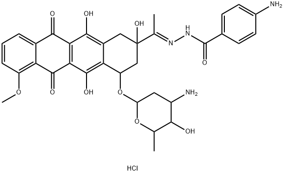Benzoic acid, 4-amino-, [1-[4-[(3-amino-2,3,6-trideoxy-α-L-lyxo-hexopyranosyl)oxy]-1,2,3,4,6,11-hexahydro-2,5,12-trihydroxy-7-methoxy-6,11-dioxo-2-naphthacenyl]ethylidene]hydrazide, monohydrochloride, (2S-cis)- (9CI)