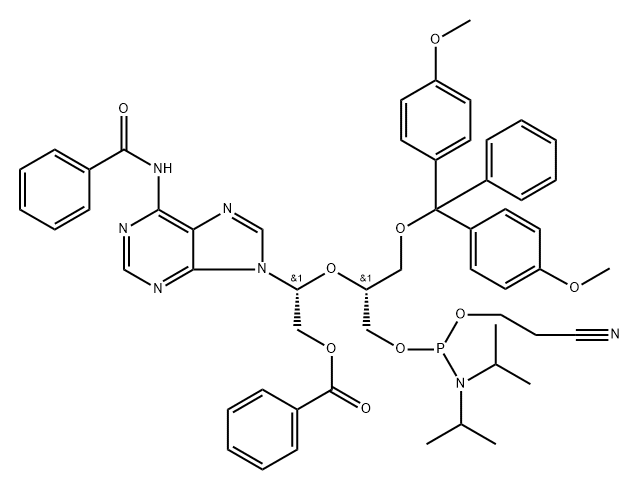 [(2R)-2-(6-Benzamidopurin-9-yl)-2-[(2R)-1-[bis(4-methoxyphenyl)-phenylmethoxy]-3-[2-cyanoethoxy-[di(propan-2-yl)amino]phosphanyl]oxypropan-2-yl]oxyethyl] benzoate Struktur