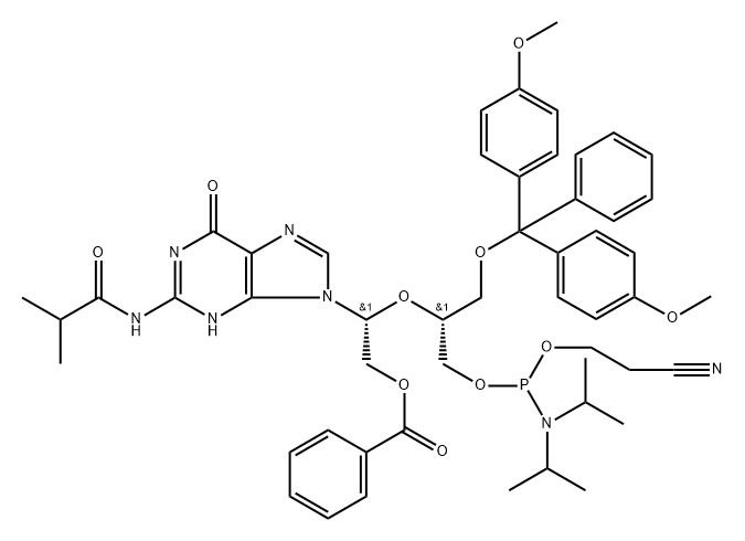 [(2R)-2-[(2R)-1-[Bis(4-methoxyphenyl)-phenylmethoxy]-3-[2-cyanoethoxy-[di(propan-2-yl)amino]phosphanyl]oxypropan-2-yl]oxy-2-[2-(2-methylpropanoylamino)-6-oxo-1H-purin-9-yl]ethyl] benzoate Structure