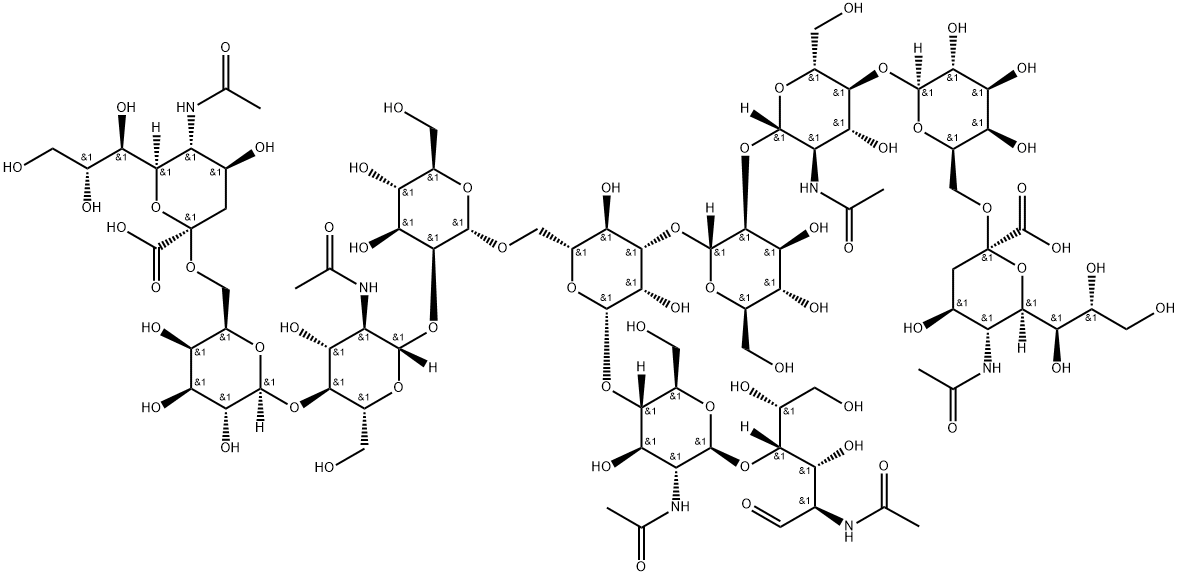 O-(N-乙酰基-ALPHA-神经胺酰基)-(2-6)-O-BETA-D-吡喃半乳糖基-(1-4)-O-2-(乙酰氨基)-2-脱氧-BETA-D-吡喃葡萄糖基-(1-2)-O-ALPHA-D-甘露糖基-(1-3)-O-[O-(N-乙酰基-ALPHA-神经胺酰基)-(2-6)-O-BETA-D-吡喃半乳糖基-(1-4)-O-2-(乙酰氨基)-2-脱氧-BETA-D-吡喃葡萄糖基-(1-2)-ALPHA-D-甘露糖基-(1-6)]-O-BETA-D-甘露糖基-(1-4)-O-2-(乙酰氨基)-2-脱氧-BETA-D-吡喃葡萄糖基-(1-4)-2-(乙酰氨基)-2-脱氧-D-葡萄糖, 1125602-44-9, 结构式