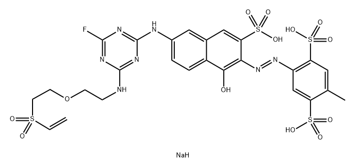 1,4-Benzenedisulfonic acid, 2-6-4-2-2-(ethenylsulfonyl)ethoxyethylamino-6-fluoro-1,3,5-triazin-2-ylamino-1-hydroxy-3-sulfo-2-naphthalenylazo-5-methyl-, trisodium salt Struktur