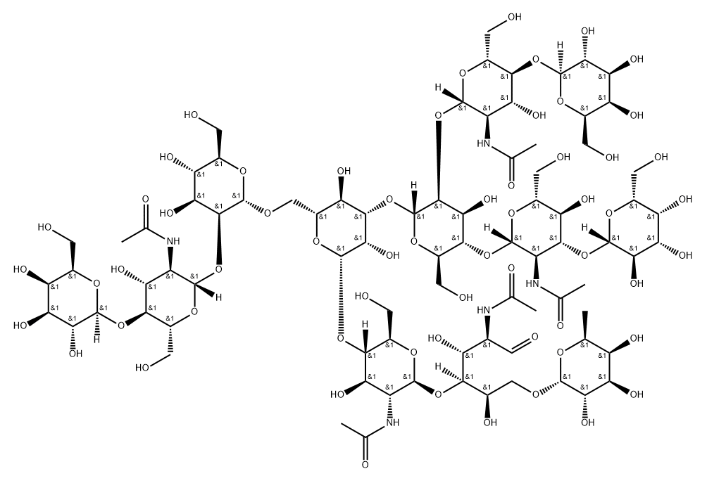 O-6-Deoxy-alpha-L-galactopyranosyl-(1-6)-O-[O-beta-D-galactopyranosyl-(1-3)-O-2-(acetylamino)-2-deoxy-beta-D-glucopyranosyl-(1-4)-O-[O-beta-D-galactopyranosyl-(1-4)-2-(acetylamino)-2-deoxy-beta-D-glucopyranosyl-(1-2)]-O-alpha-D-mannopyranosyl-(1-3)-O-[O-beta-D-galactopyranosyl-(1-4)-O-2-(acetylamino)-2-deoxy-beta-D-glucopyranosyl-(1-2)-alpha-D-mannopyranosyl-(1-6)]-O-beta-D-mannopyranosyl-(1-4)-2-(acetylamino)-2-deoxy-beta-D-glucopyranosyl-(1-4)]-2-(acetylamino)-2-deoxy-D-glucose Structure