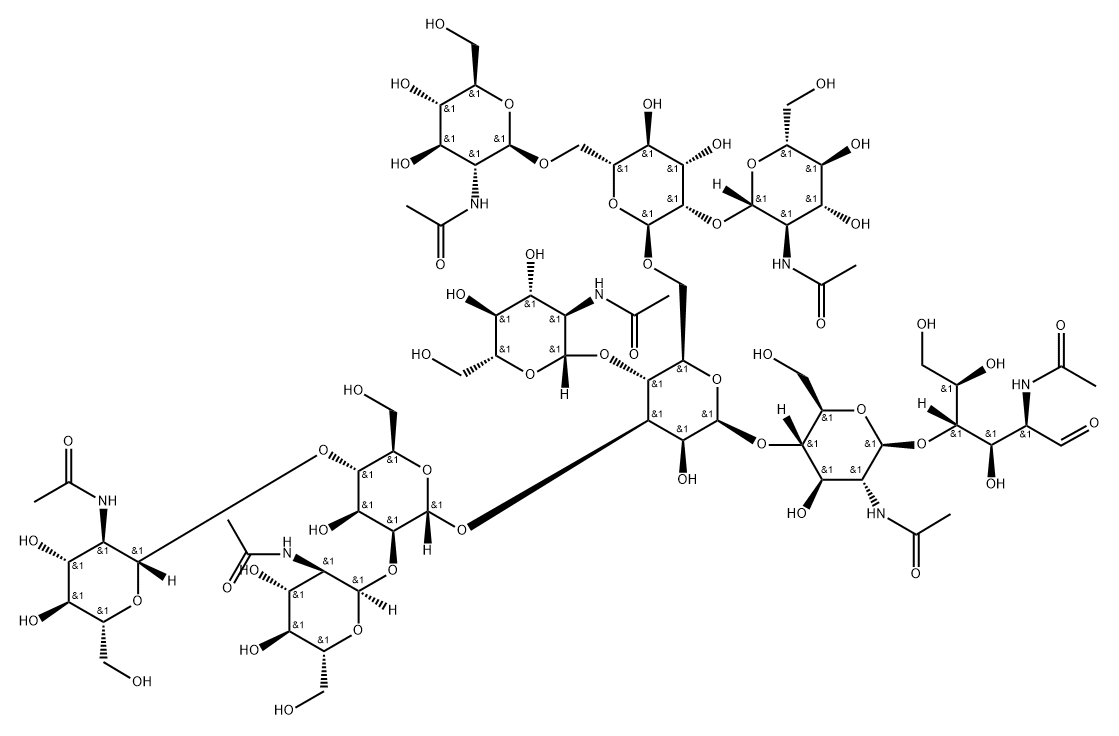 O-2-(Acetylamino)-2-deoxy-alpha-D-glucopyranosyl-(1-2)-O-[2-(acetylamino)-2-deoxy-beta-D-glucopyranosyl-(1-4)]-O-alpha-D-mannopyranosyl-(1-3)-O-[2-(acetylamino)-2-deoxy-beta-D-glucopyranosyl-(1-4)]-O-[O-2-(acetylamino)-2-deoxy-beta-D-glucopyranosyl-(1-2)-O-[2-(acetylamino)-2-deoxy-beta-D-glucopyranosyl-(1-6)]-alpha-D-mannopyranosyl-(1-6)]-O-beta-D-mannopyranosyl-(1-4)-O-2-(acetylamino)-2-deoxy-beta-D-glucopyranosyl-(1-4)-2-(acetylamino)-2-deoxy-D-glucose Structure