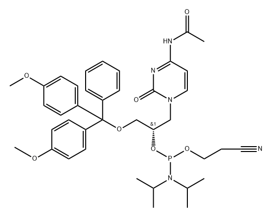 Phosphoramidous acid, N,N-bis(1-methylethyl)-, (1S)-2-[4-(acetylamino)-2-oxo-1(2H)-pyrimidinyl]-1-[[bis(4-methoxyphenyl)phenylmethoxy]methyl]ethyl 2-cyanoethyl ester Struktur
